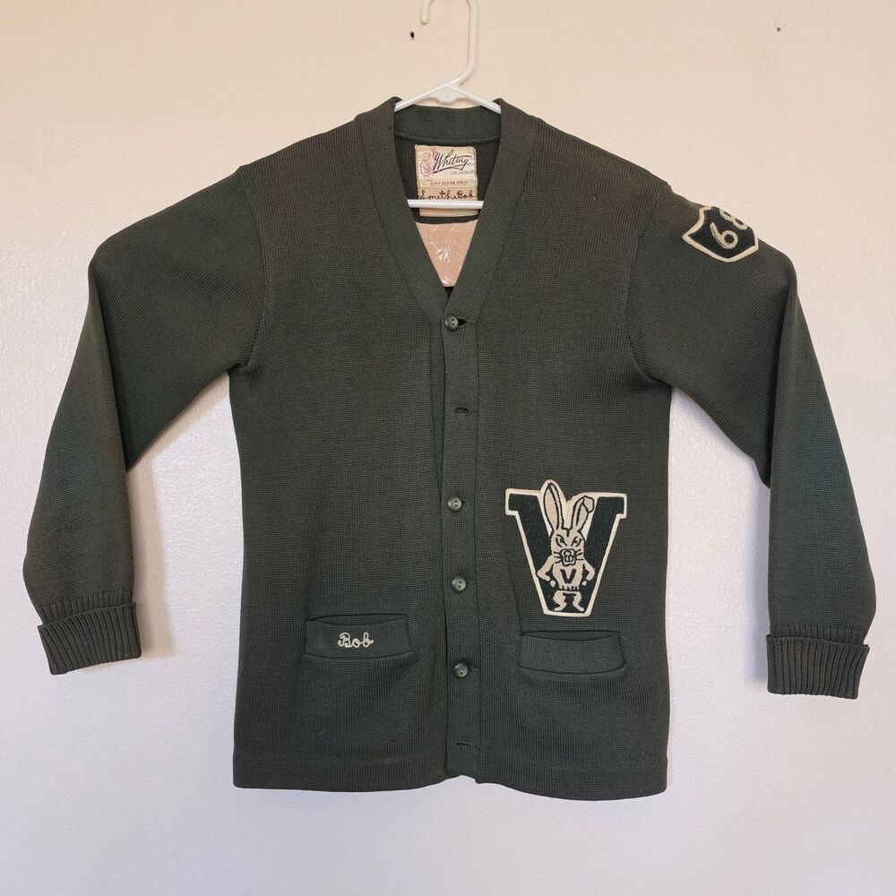 VTG 1968 Whiting Letterman Jacket Cardigan Sweater Wool Victorville Jackrabbits